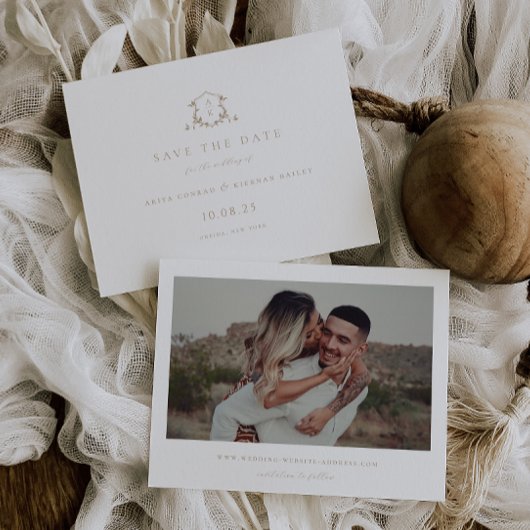 Zeitlose Reben Beige Wappen Monogram Foto Save The Date