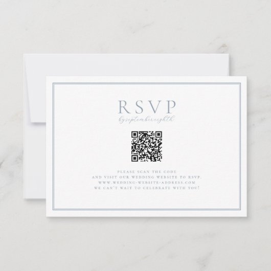 Zeitlose Reben Dusty Blue Wappen QR Code RSVP Karte (Vorderseite)
