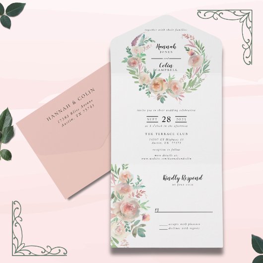 Zeitlose romanische Blumenzeremonie All In One Einladung