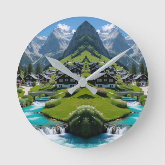 "Zeitlose Ruhe - Alpendorf Runde Wanduhr (Vorderseite)