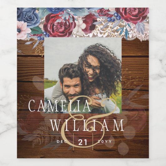 Zeitlose rustikale Blue Burgundy Blumenzange Hochz Weinetikett (Einzelnes Label)