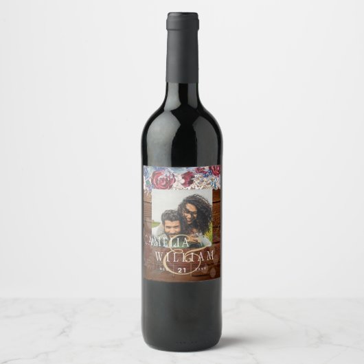 Zeitlose rustikale Blue Burgundy Blumenzange Hochz Weinetikett (Vorderseite)