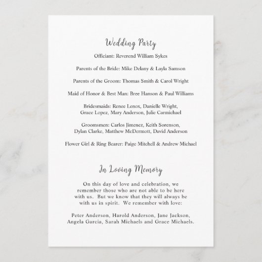 Zeitlose Schwarz-Weiß-Hochzeit Programm (Rückseite)