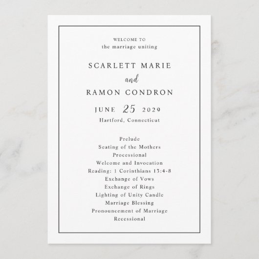 Zeitlose Schwarz-Weiß-Hochzeit Programm (Vorderseite)