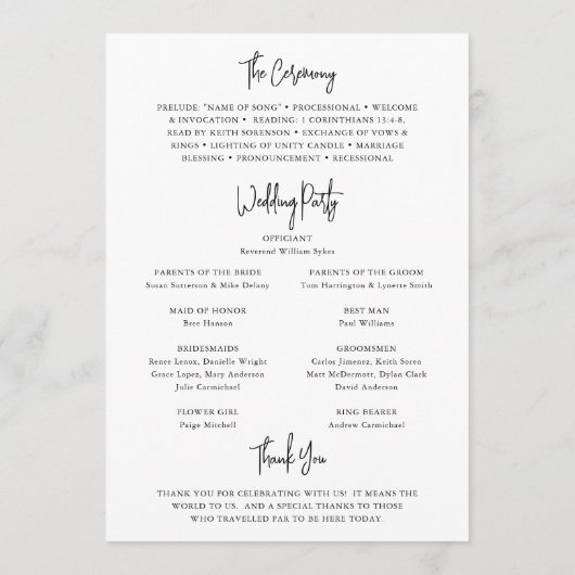 Zeitlose Schwarz-Weiß-Hochzeit Programm (Rückseite)