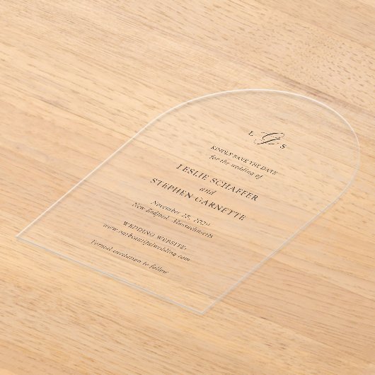 Zeitlose Schwarz-Weiß-Hochzeit speichern Sie das D Acryleinladungen (Ablage )