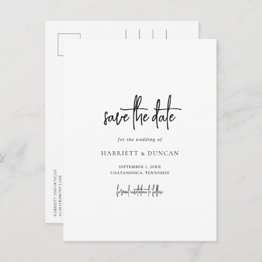 Zeitlose Schwarz-Weiß-Hochzeit speichern Sie das D Ankündigungspostkarte (Vorne/Hinten)