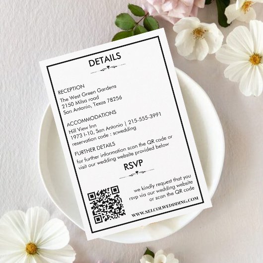 Zeitlose Schwarz-Weiß-Hochzeitdetails/Rsvp-Karte Begleitkarte