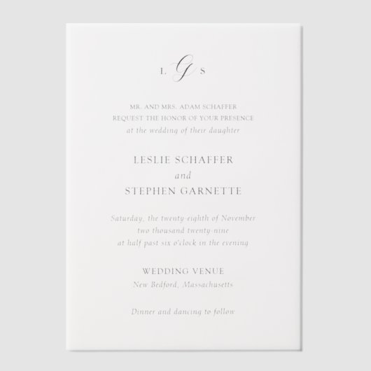 Zeitlose Schwarz-Weiß-Monogramm-Elegante Hochzeit Pergament Einladungen (Vorderseite)