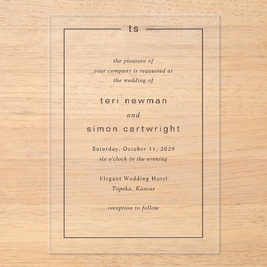 Zeitlose Schwarz-Weiß-Monogramm Moderne Hochzeit Acryleinladungen (Vorderseite)