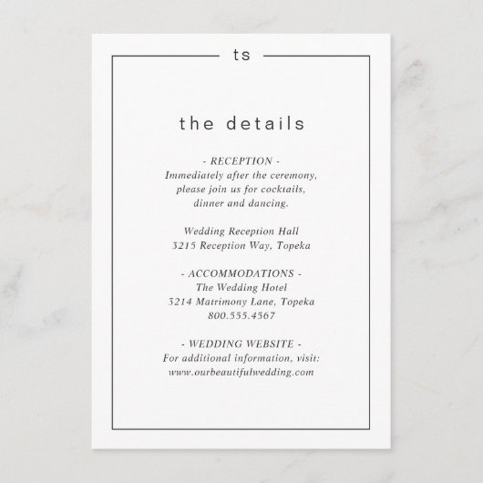 Zeitlose Schwarz-Weiß-Monogramm Moderne Hochzeit Begleitkarte (Vorderseite)