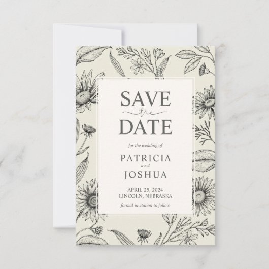 Zeitlose Schwarz-Weiß-Wildblume Save the Date (Vorderseite)