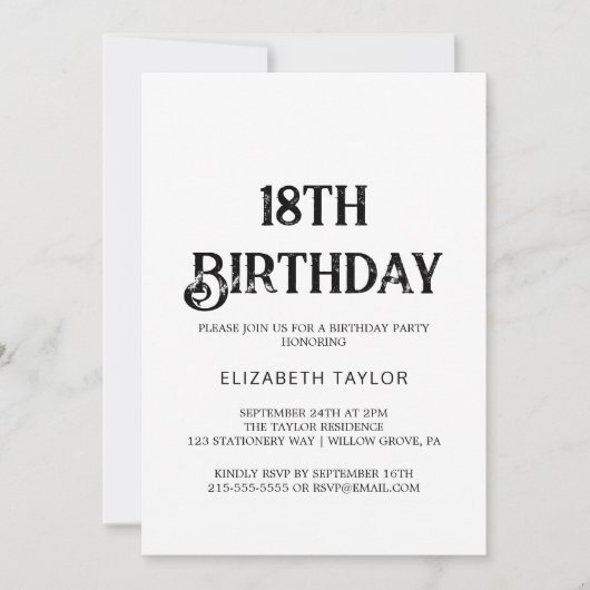Zeitlose schwarze Kalligraphie 18. Geburtstag Einladung (Vorderseite)