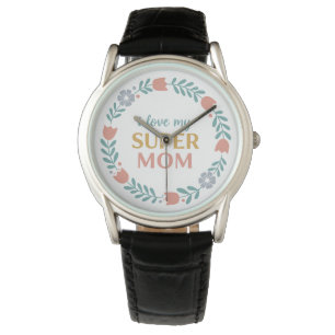 Zeitlose schwarze Lederuhr I Love My Super Mom Armbanduhr