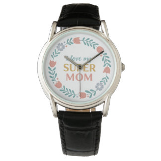 Zeitlose schwarze Lederuhr I Love My Super Mom Armbanduhr