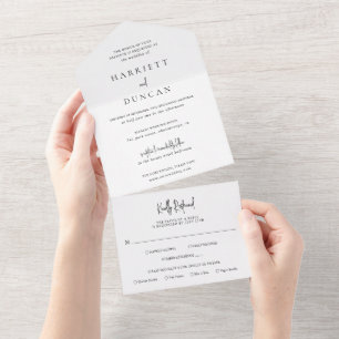 Zeitlose schwarze und weiße elegante Hochzeit All In One Einladung