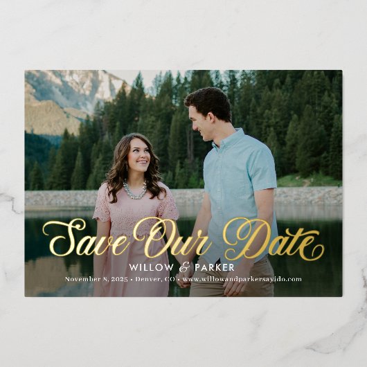 Zeitlose SkriptFOIL-Hochzeit Speichern Sie die Dat Folieneinladung (Vorderseite)