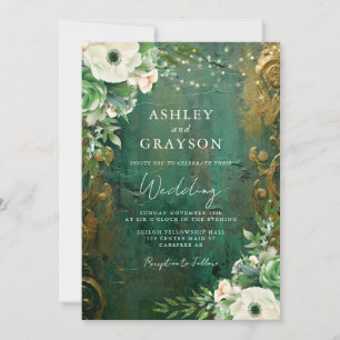 Zeitlose Smaragd- und Gold-Botanical-Hochzeit Einladung