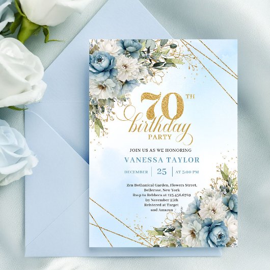 Zeitlose staubblaue Blumen goldener Rahmen 70. Geb Einladung