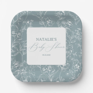 Zeitlose Vintage-Blumen Baby Shower in Blau Pappteller
