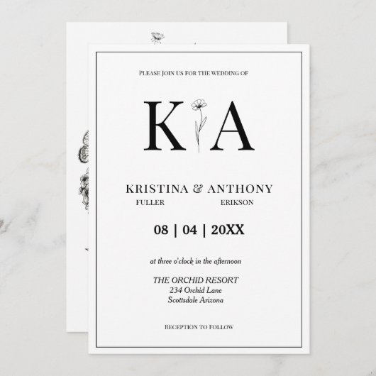 Zeitlose Vintage Schwarz-Weiß-Blumenhochzeit Einladung (Vorne/Hinten)