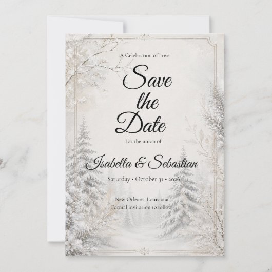 Zeitlose Winterwald-Eleganz-Hochzeit Save The Date (Vorderseite)