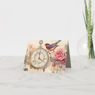 Zeitloser Aquarell-Vintage-Uhr-Vogel Einladung