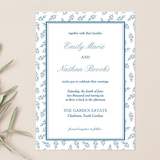 Zeitloser Blauer Garten Elegantes Altes Geld Hochz Einladung