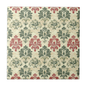 Zeitloser Damast Rot Grün Beige Vintage-Look Fliese