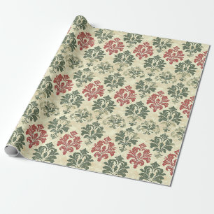 Zeitloser Damast Rot Grün Beige Vintage-Look Geschenkpapier