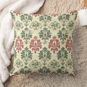Zeitloser Damast Rot Grün Beige Vintage-Look Kissen
