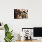 Zeitloser Eintritt: Rustikale Tür mit roten Floral Poster (Heimbüro)