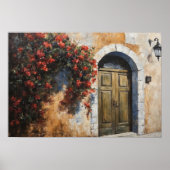 Zeitloser Eintritt: Rustikale Tür mit roten Floral Poster (Vorne)