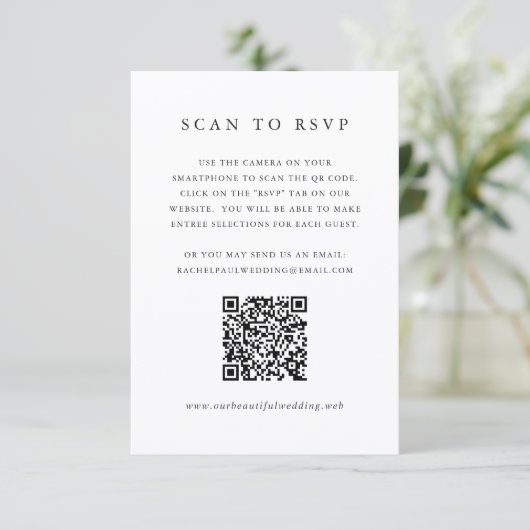 Zeitloser Klassiker QR-Code formelle Hochzeit RSVP Karte (Stehend Vorderseite)