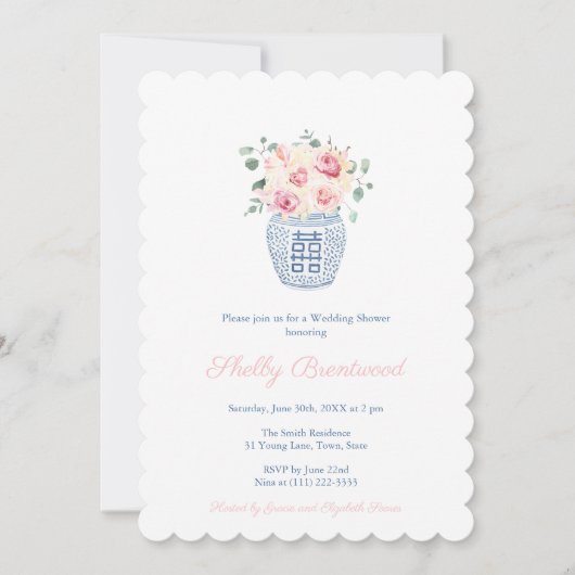 Zeitloser Rosa und Chinoiserie Blauer Polterabend Einladung (Vorderseite)