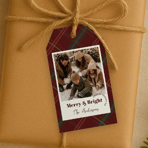 Zeitloser roter Karo-Foto-Weihnachten Merry & Brig Geschenkanhänger