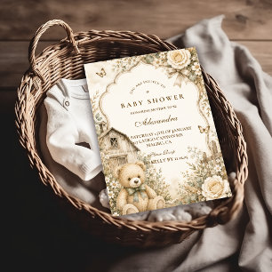 Zeitloser Rustikaler Teddybär Baby Shower Einladung