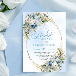 Zeitloser Staubblauer Blumen-Script Brautparty Einladung