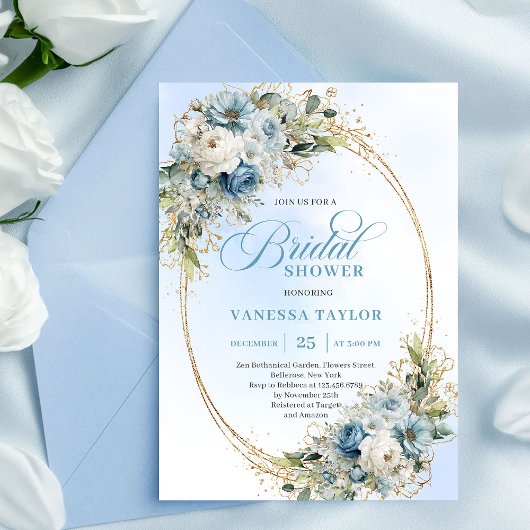 Zeitloser Staubblauer Blumen-Script Brautparty  Einladung