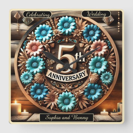 Zeitloses 5. Jubiläum Blumendesign Quadratische Wanduhr (Vorderseite)