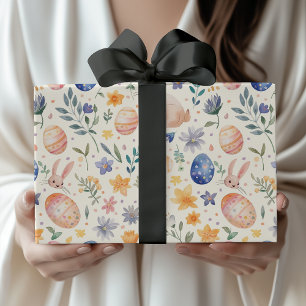 Zeitloses Aquarell Pastell-Hase Blumen Eier Geschenkpapier