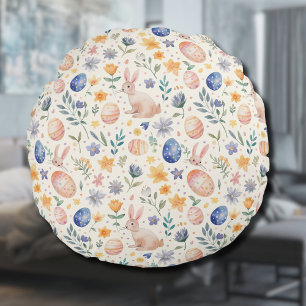 Zeitloses Aquarell-Pastell-Hase-Blumen-Ostereier Rundes Kissen