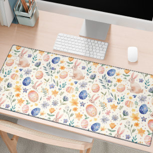 Zeitloses Aquarell-Pastell-Hase-Blumen-Ostereier Schreibtischunterlage