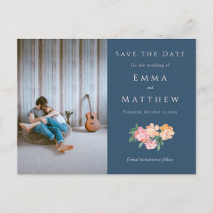 Zeitloses Blaues Floral - QR & Foto Ankündigungspostkarte