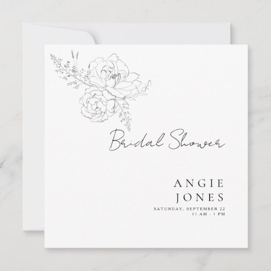 Zeitloses Bleistift Blumenweißes Quadrat Brautpart Einladung (Vorderseite)