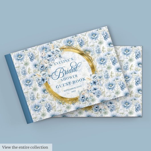Zeitloses Boho Pale Blue Gold Floral Brautparty Gästebuch