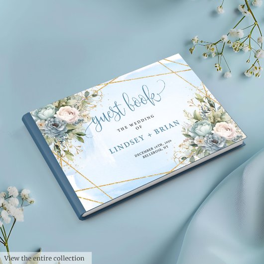 Zeitloses Dusty Blue White Gold Floral Gästebuch