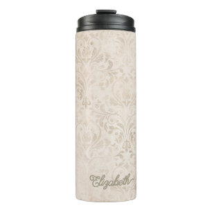 Zeitloses Elfenbein- und Beige-Damaskusmuster im V Thermosbecher