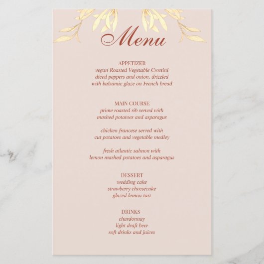 Zeitloses, florales Menü mit rustikalem Hochzeitbu (Vorderseite)