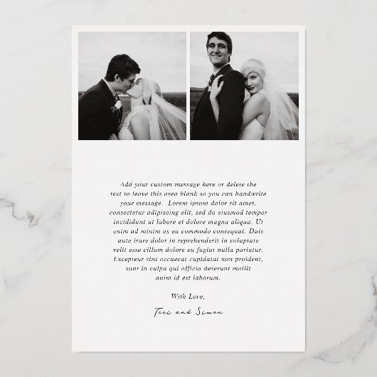 Zeitloses Foto Moderne Hochzeitsfolie Danke Karte (Rückseite)